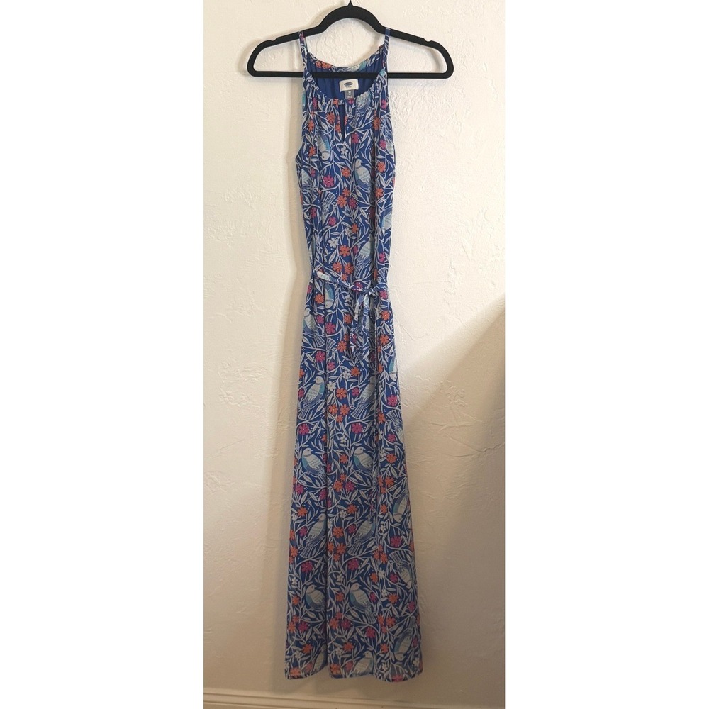 Old Navy Halter Neck Maxi Dress Navy Blue Floral Bird Print Sleeveless Gown XS‎